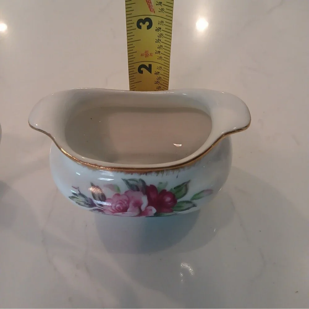 Vintage Lefton China Sugar Bowl & Creamer Hand Painted Gold Trim Tea Rose